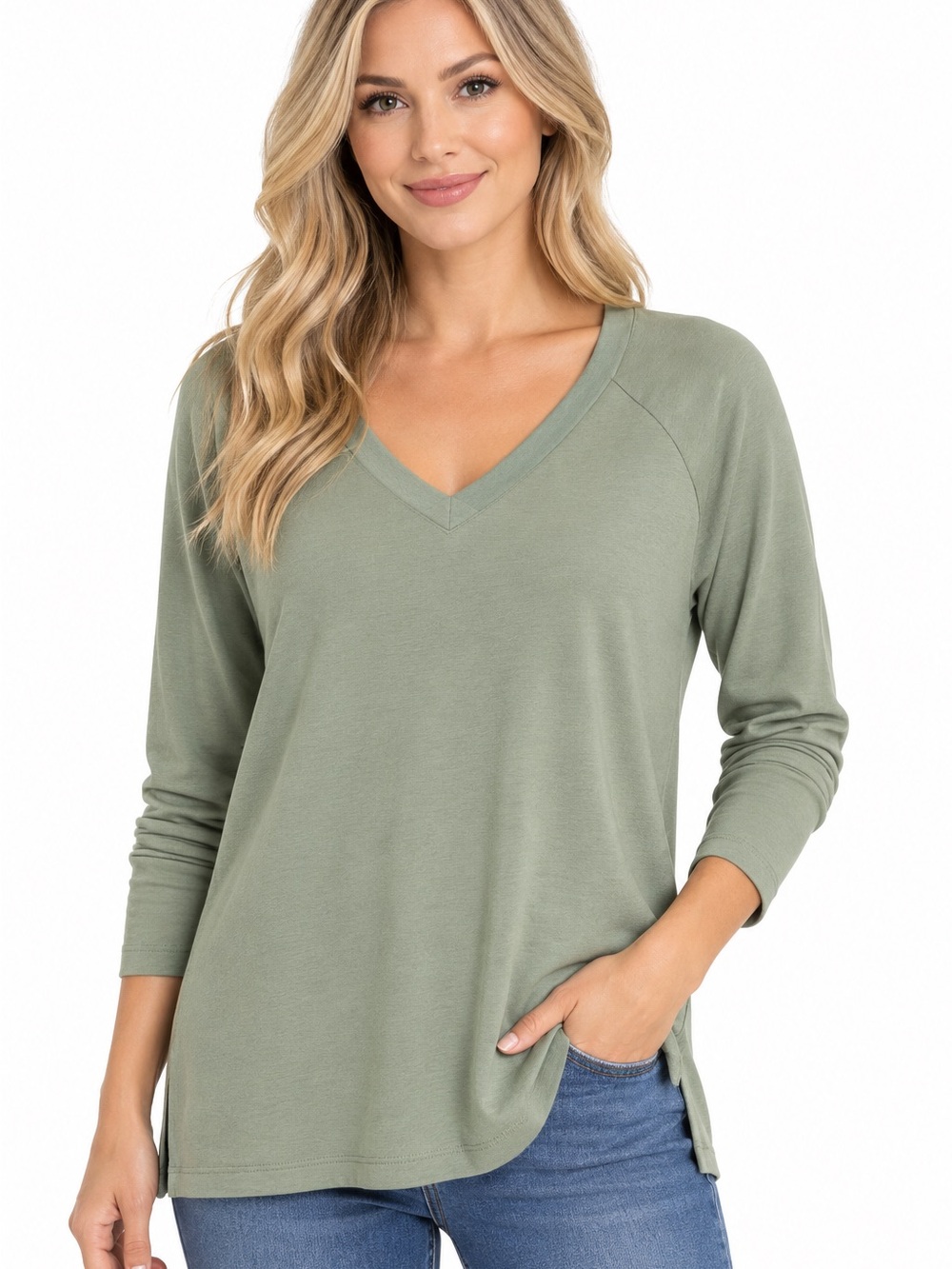 V-Neck Long Sleeve Top - Sage Green - 1065